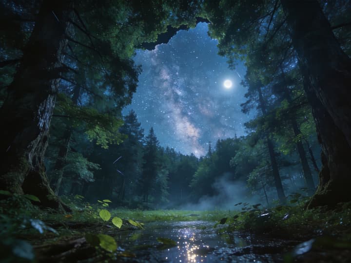 森林星空雨后