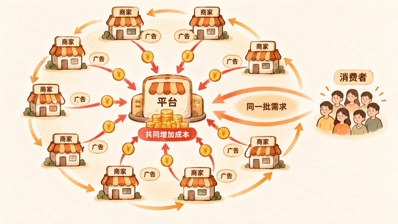 广告竞价囚徒困境:商家争夺同一批需求并共同增加成本
