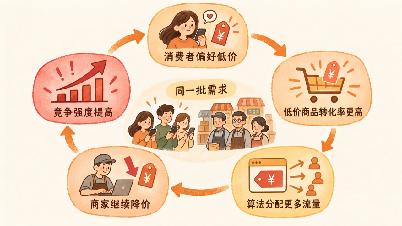 低价竞争反馈循环:消费者偏好、算法流量与商家降价相互强化